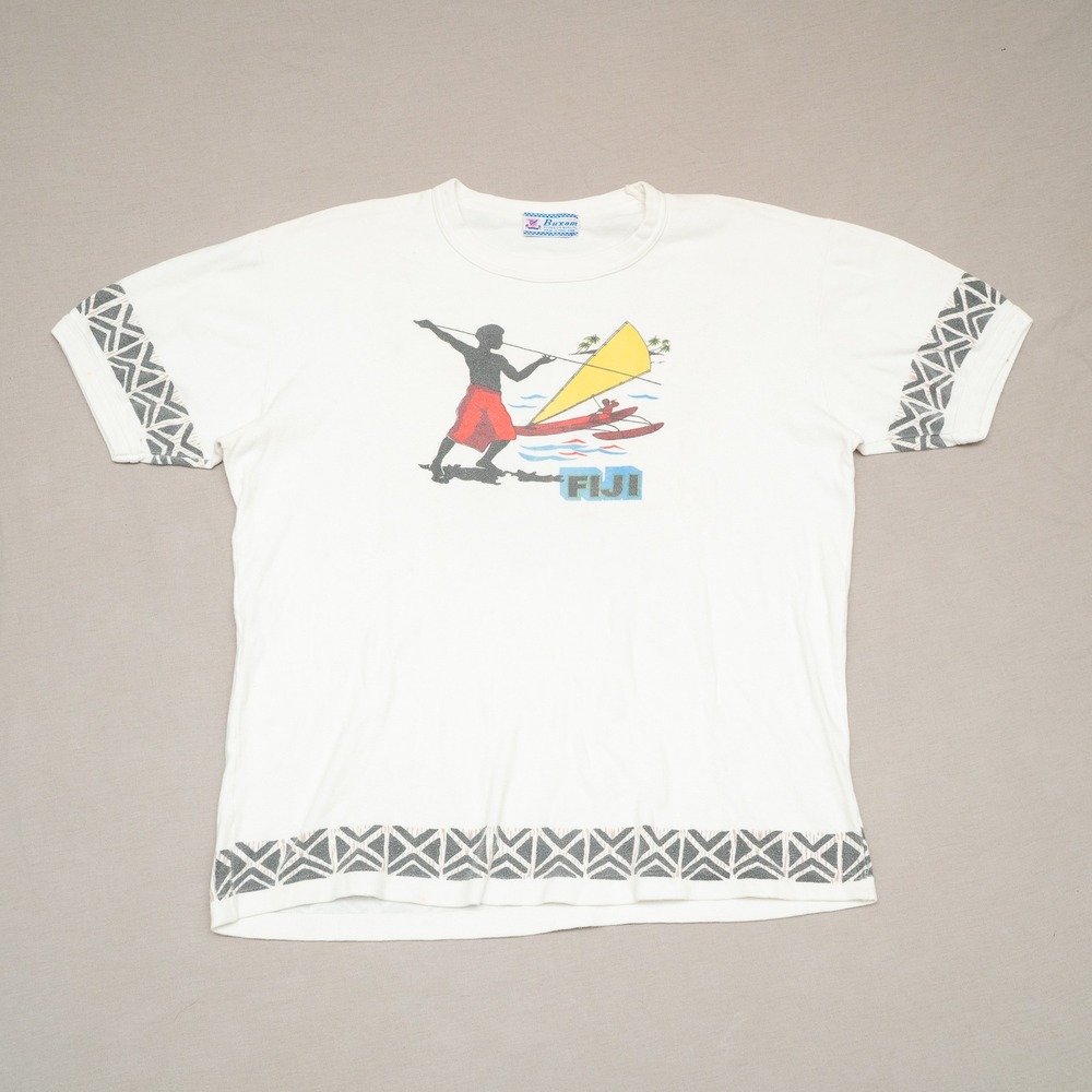 Vintage 60s 70s Fiji Souvenir Buxom Graphic T-Shirt Water Print Ringer Adult L